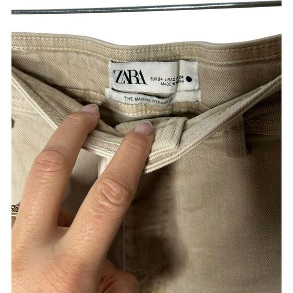 Zara The Marine Straight Tan Cropped Jeans Size 2 Wide Leg Distressed Neutral - Picture 5 of 11